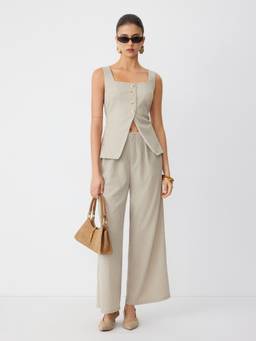 Cider - Textured Women's Square Neck Button Wide-Leg Jumpsuit Beige