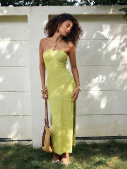 Cider - Textured Women's Halter Neck Ruched Cut-Out Bodycon Maxi Dress Green
