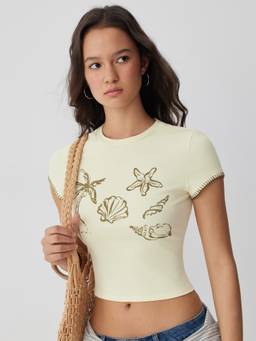 Cider - Nature Graphic Women’s Embroidered Short Sleeve Crop Top Beige