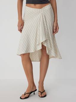 Cider - Linen-Blend Women Low-Rise Draped Asymmetrical Midi Skirt Beige