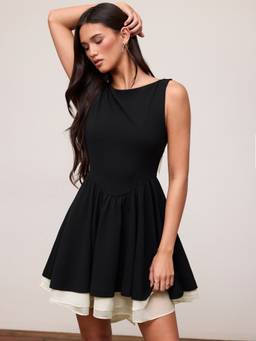 Cider - Colorblock Women's Boat Neck Bowknot Flared Mini Dress Black