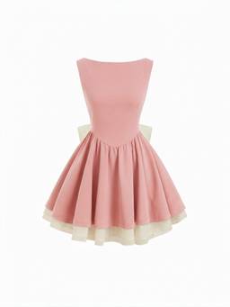 Cider - Colorblock Women's Bowknot Boat Neck Flared Mini Dress Pink