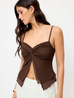 Cider - Double Layered Women’s Twist V-Neck Cami Top Brown
