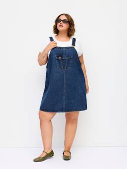 Cider - Metal Detail Women's Solid Denim Pinafore Mini Dress Navy Blue