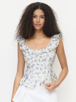 Cider - Textured Women’s Floral Scoop Neck Ruffled Blouse Baby Blue