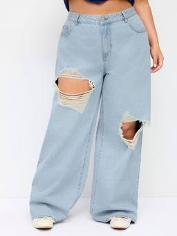 Cider - Denim Women's Low-Rise Ripped Wide-Leg Jeans Washed Out Light Blue