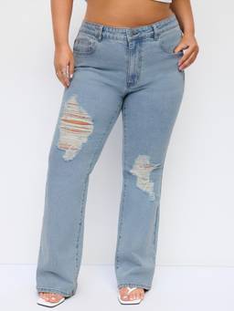 Cider - Stretch Denim Women's Low-Rise Ripped Flared Jeans Washed Out Light Blue