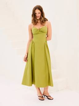Cider - Linen Blend Women Sweetheart Twist Knotted Flared Maxi Dress Green
