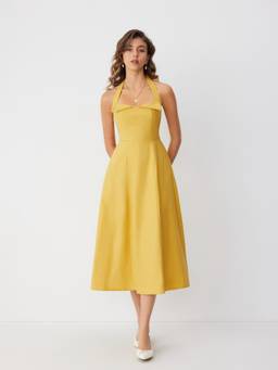 Cider - Linen Blend Women's Halter Neck Flared Maxi Dress Yellow