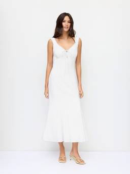 Cider - Linen Blend Women's Sweetheart Tie-Up Mermaid Maxi Dress White