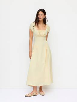 Cider - Textured Women's Ruched Puff Sleeve Square Neck Maxi Dress Yellow