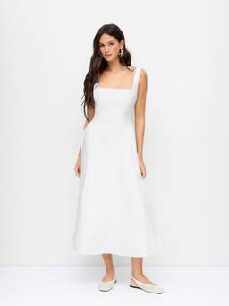 Cider - Cotton Blend Women Lace Trim Square Neck Flared Maxi Dress White