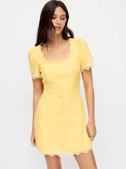 Cider - Linen Blend Women Lace Trim Square Neck A-Line Mini Dress Yellow