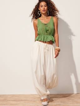 Cider - Eyelet Women's Scoop Neck Tie-Up Ruffle Hem Cami Top Green