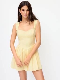 Cider - Cotton Blend Women's Sweetheart Shirred Lace Trim Playsuit Yellow