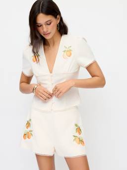 Cider - Linen-Blend Women's Mid-Waist Embroidered Shorts Beige