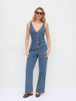 Cider - Stretch Denim Women Scoop Neck Metal Detail Wide-Leg Jumpsuit Navy Blue
