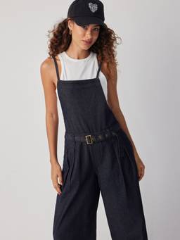 Cider - Denim Women's Metal Detail Belted Wide-Leg Jumpsuit Navy Blue