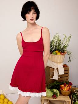 Cider - Pointelle Knit Women's Ruffled Hem A-Line Mini Dress Red