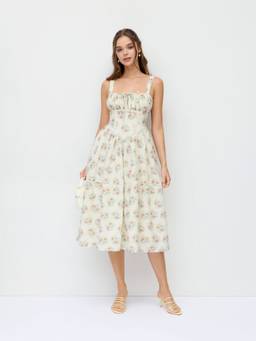 Cider - Floral Women's Square Neck Ruched Flared Maxi Dress Cream