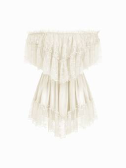Cider - Satin Lace Ruffle Women's Off-Shoulder A-Line Mini Dress Cream