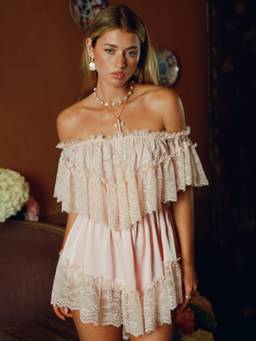 Cider - Satin Lace Ruffle Women's Off Shoulder A-Line Mini Dress Peach