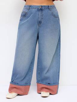 Cider - Washed Denim Women's Wide-Leg Gingham Cuff Jeans Light Blue
