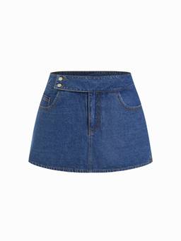 Cider - Washed Denim Women Mid-Rise A-Line Mini Skort Navy Blue