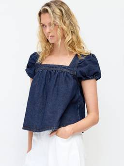 Cider - Washed Denim Women's Square Neck Puff Sleeve Oversized Blouse Navy Blue