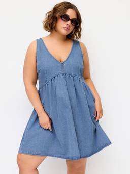 Cider - Denim Women's V-Neck Tie-Back A-Line Mini Dress Light Blue