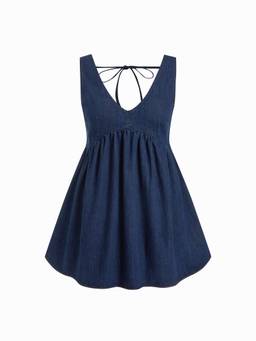 Cider - Denim Women's V-Neck Tie-Back A-Line Mini Dress Navy Blue