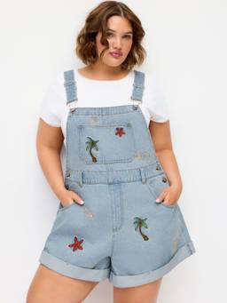 Cider - Nature Embroidery Women's Mid-Rise Denim Dungaree Light Blue