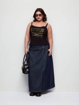 Cider - Metal Detail Women Mid-Rise Denim Maxi Skirt Dark Denim