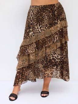 Cider - Women's Leopard Print Layered Maxi Skirt Coffee