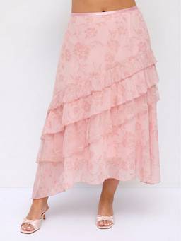 Cider - Chiffon Women's Floral Print Layered Maxi Skirt Pink