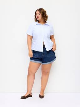 Cider - Washed Women's Mid-Waist Stretch Roll Hem Denim Shorts Navy Blue