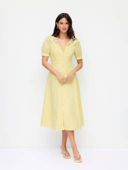 Cider - Floral Embroidered Women V-Neck Puff Sleeve Midi Dress Yellow