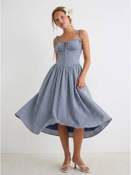 Cider - Gingham Women's Ruched Bow Strappy A-Line Maxi Dress Navy Blue