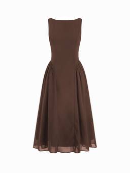 Cider - Chiffon Women's Boat Neck Draped A-Line Midi Dress Brown