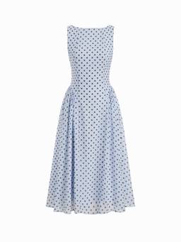 Cider - Chiffon Women's Polka Dot Boat Neck A-Line Midi Dress Blue
