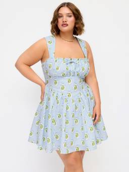 Cider - Striped Fruit Graphic Women's Square Neck Ruffled Mini Dress Sky Blue