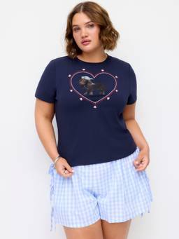 Cider - Cotton Blend Women Heart & Dog Graphic Embroidered Top Navy Blue