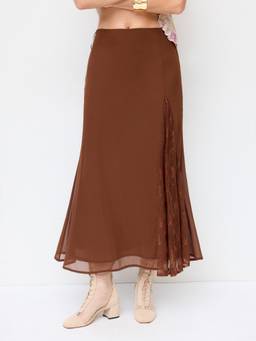 Cider - Chiffon Lace Panel Women’s Mid-Rise Mermaid Maxi Skirt Brown