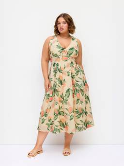 Cider - Fruit Graphic Women V-Neck Tie-Up Flared Midi Dress Yellow
