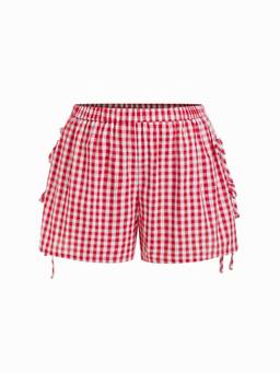 Cider - Cotton-Blend Women's Mid-Waist Gingham Drawstring Shorts Red