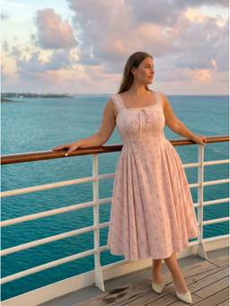 Cider - Square Neck Lace Trim Floral Shirred Ruffled Maxi Dress Pink