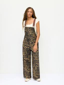 Cider - Denim Leopard Women's High Rise Oversized Wide-Leg Dungarees Tan