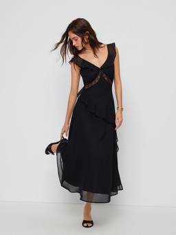 Cider - Chiffon Women's V-Neck Ruffled A-Line Maxi Dress Black