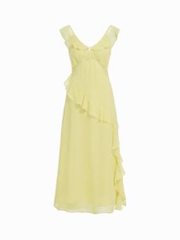 Cider - Chiffon Women's Ruffled V-Neck A-Line Maxi Dress Yellow