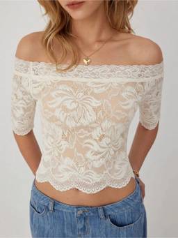 Cider - Lace Women's Off-Shoulder Sheer Slim Top Beige